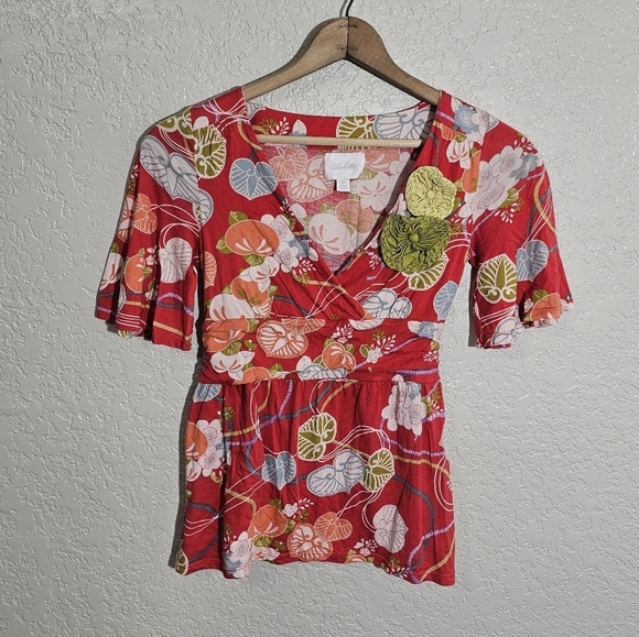 Anthro Deletta Floral Print V-Neck Top - Picture 1 of 4